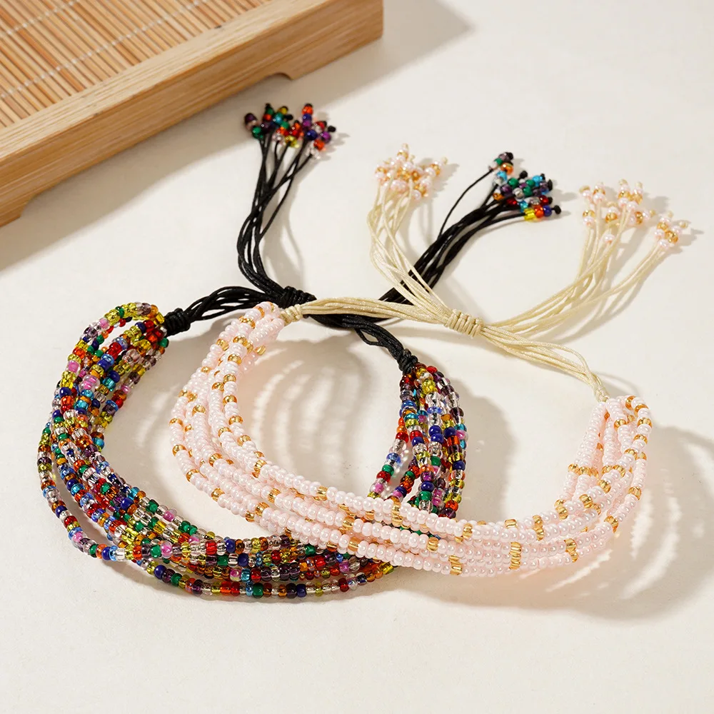 

Браслет из рисовых бусин, оригинальный многослойный ручной вязки, богемный регулируемый модный простой браслет из бисера