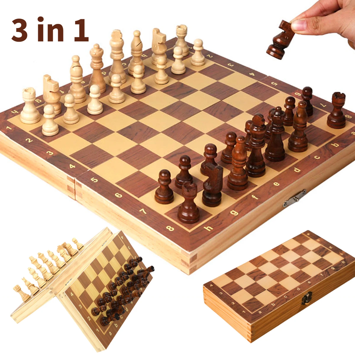 3 in 1 Chess Chekers Backgammon  Developing Strategic Thinking Wooden Folding Chess Set 29x29cm Game Chess Board for Adult Kids