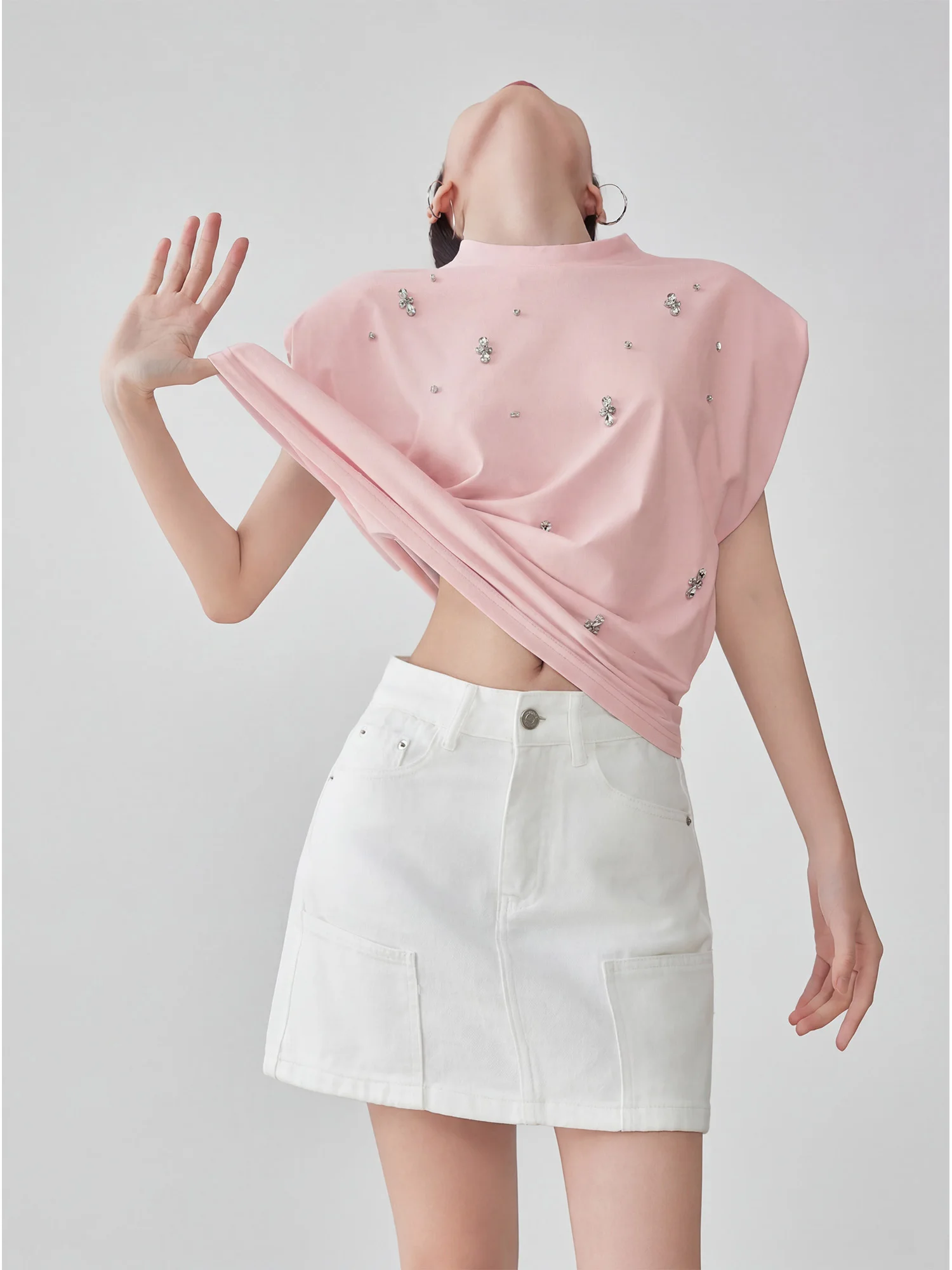 

Pink Rhinestone round Neck Sleeveless T-Shirt Women's Heavy Embellishment Summer New Design Slimming Vest Trendy Casual Style