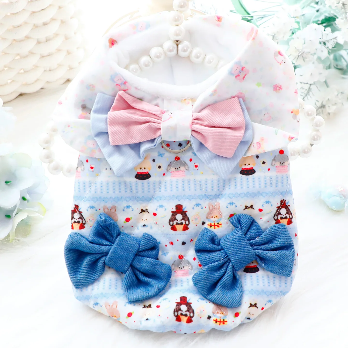 Dog Winter Princess Coat, Thick Denim Bowknot Dog Clothes, Warm Cotton Pet Outfit for Small Dogs Teddy Puppy
