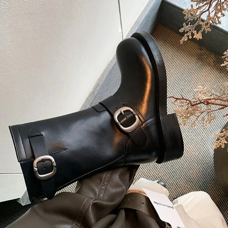 Bottines rétro en caoutchouc pour femmes, avec boucle en métal, tête ronde, polissage, Locomotive, automne 2026
