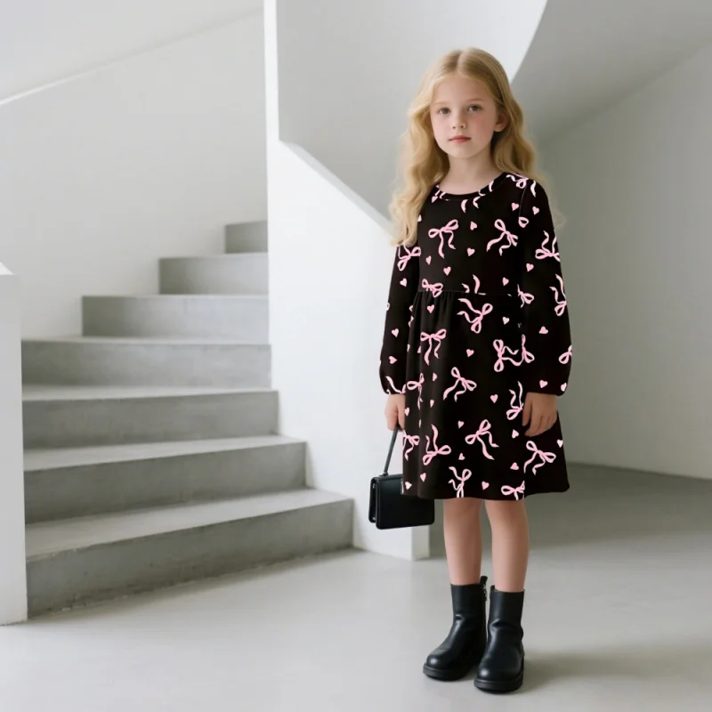 

Girls Black Long Sleeve Dress with Pink Bow & Heart Print - Cute Casual Party Midi Dress for Kids