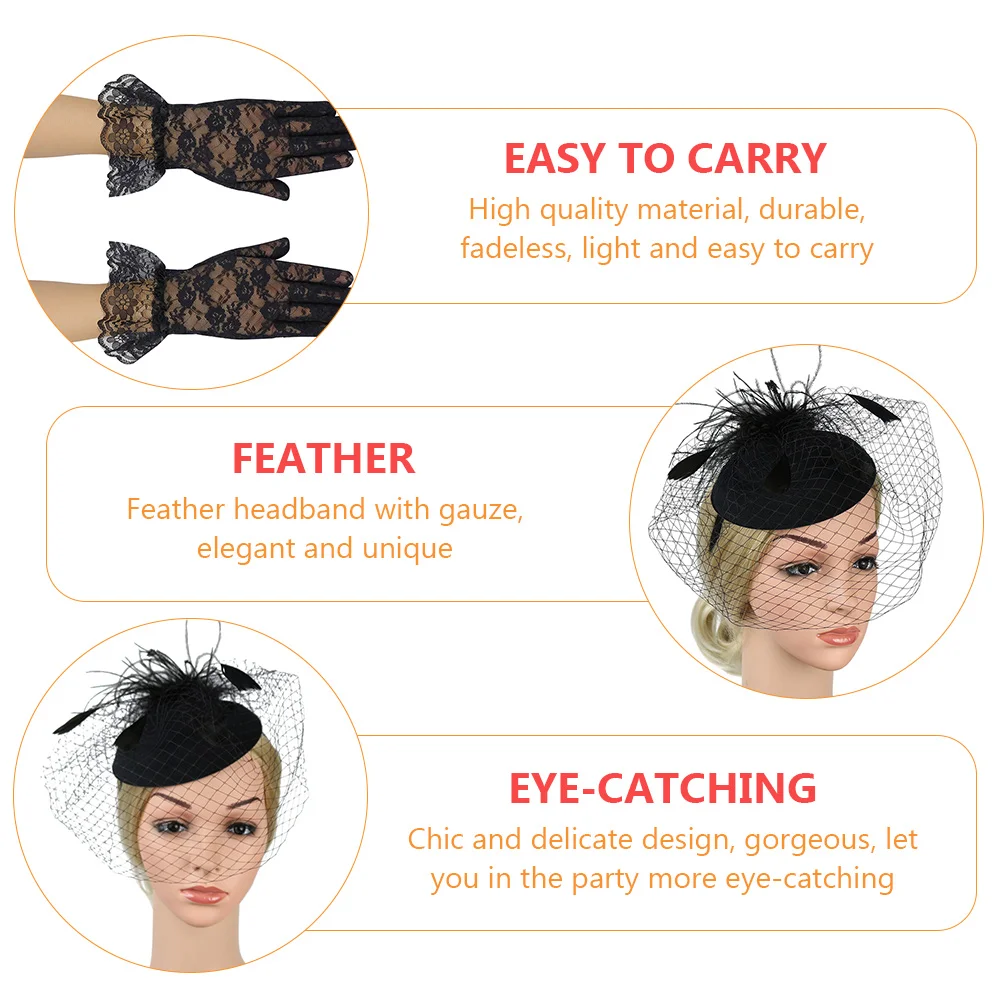 Hat Set Wedding Headwear Veil Headdress Banque Kit Famale Glove Bride Modern with Women Necklace Hairband Barrettes