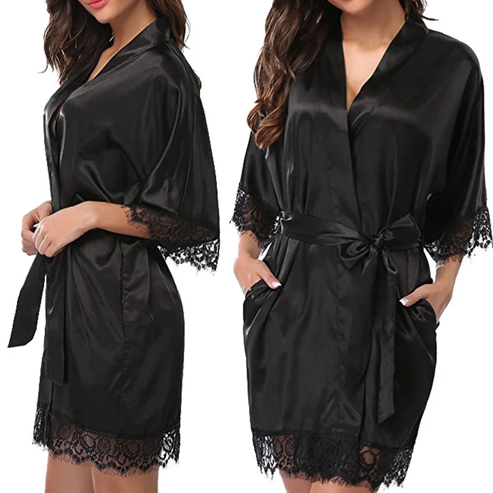 InjSatin-Robe de nuit en dentelle pour femme, lingerie sexy, douce, lisse, pyjama