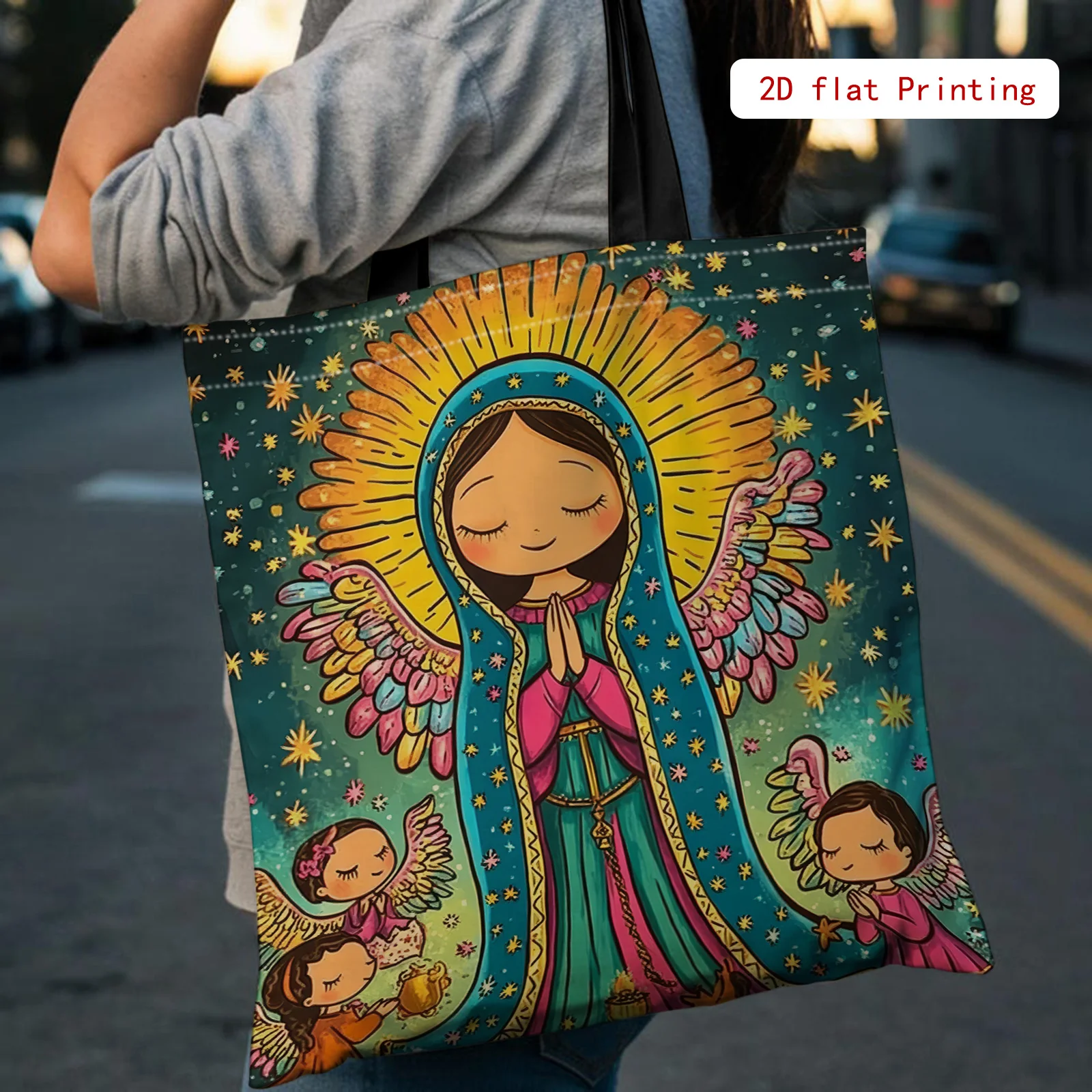 

1pc Women's Large Tote Bag - Vintage Mexican Folk Art Print with Virgin de Guadalupe Design, Durable Fabric