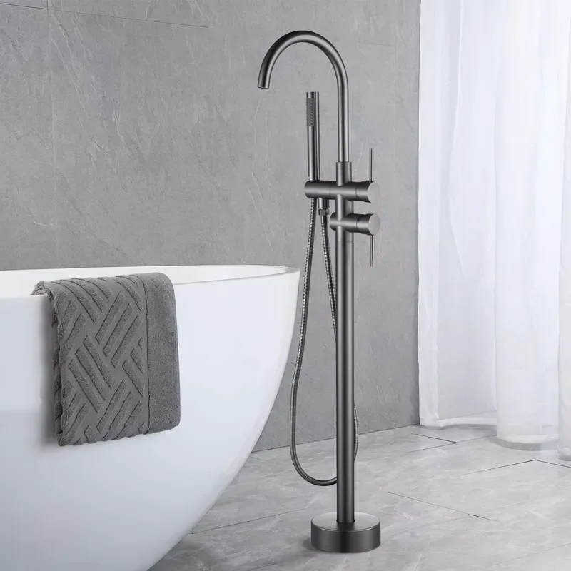 Modern Stainless Steel Freestanding Mixer Faucet Matte Black Handheld Rain Shower Two Functions Polished Hotels