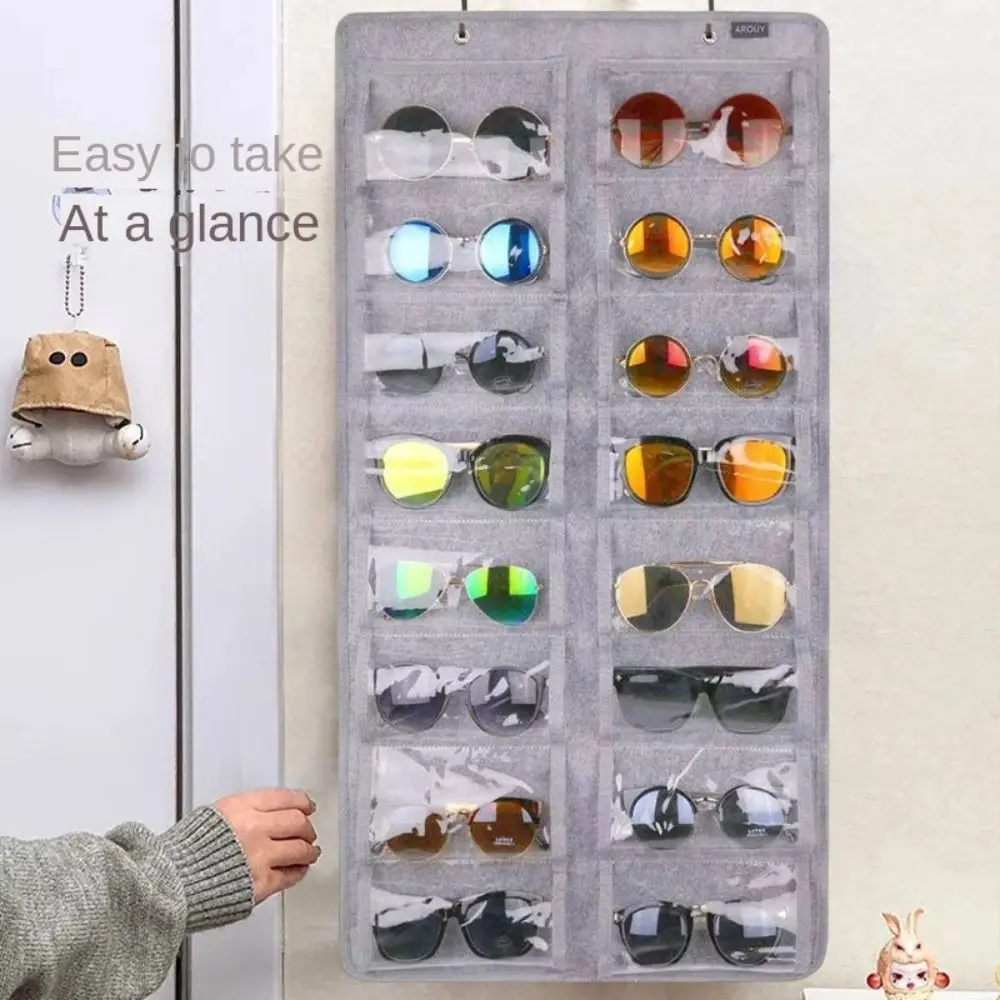 16 Slots Sunglasses Storage Hanging Bag Dust Proof Visible Felt Eyeglasses Stand Wall Mounted Foldable Sunglasses Storage Holder