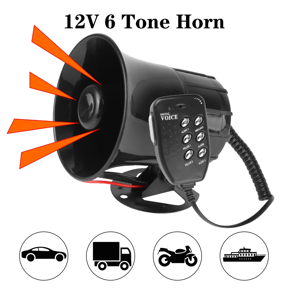 6 Tone 120DB Loud 12V 100W Car Warning Alarm Megaphone Police Siren Loud Speaker Air Horn Multi-tone Claxon Horn Car Horn