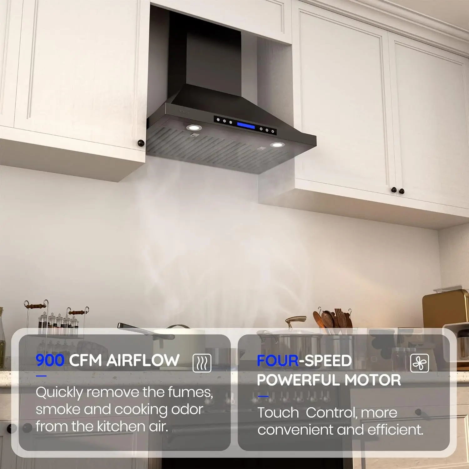 Wall Mount Hood 900 CFM Kitchen Hood Vent 4 Speeds Touch Control LCD Display With Remote /3 Pcs Baffle Filters / 2 Pcs 3W L