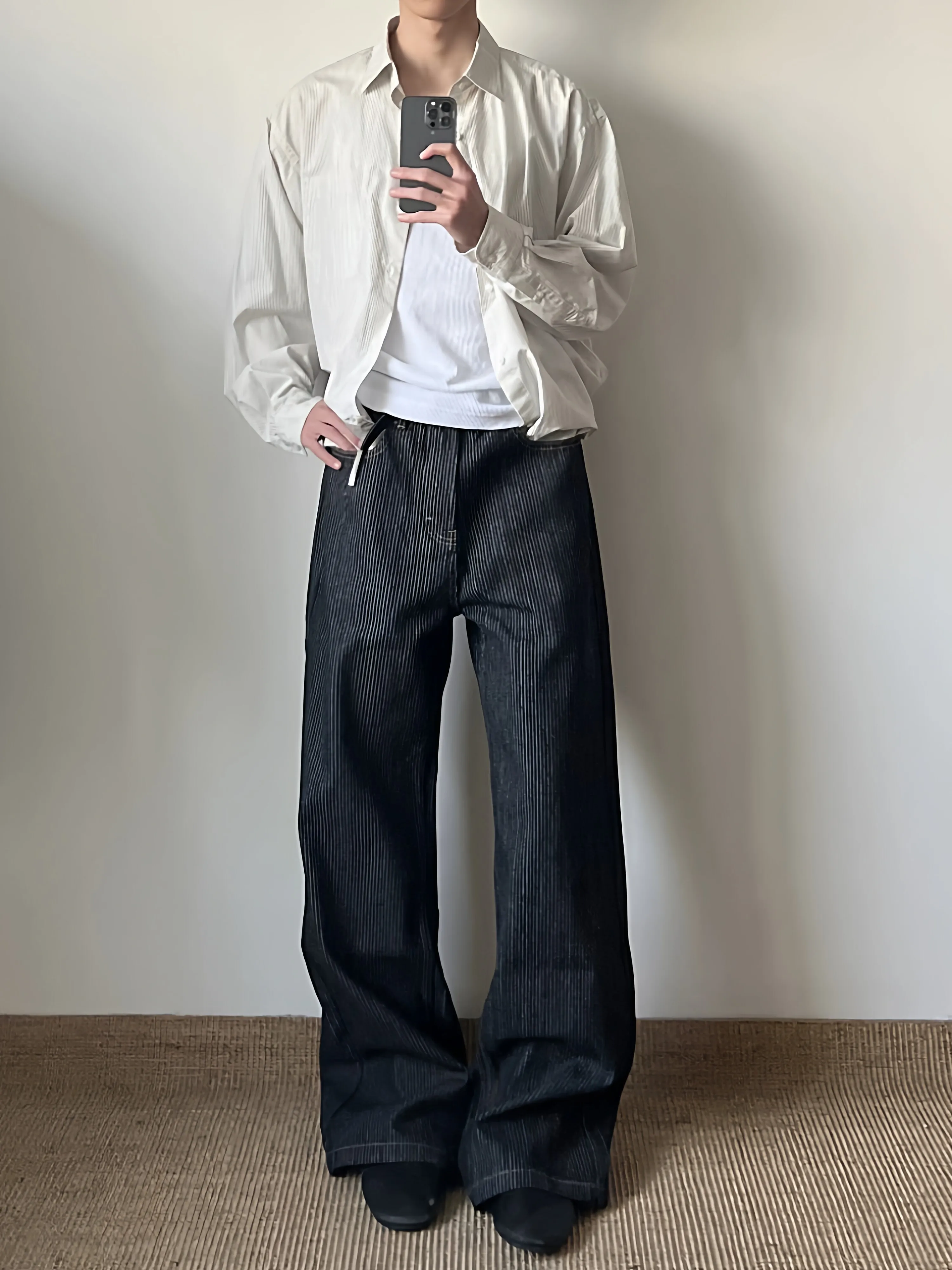 Washed Original Denim A-Line Wide Leg Jeans Men's Versatile Straight Cut High Street Black Blue Stripes Men's Casual Trousers