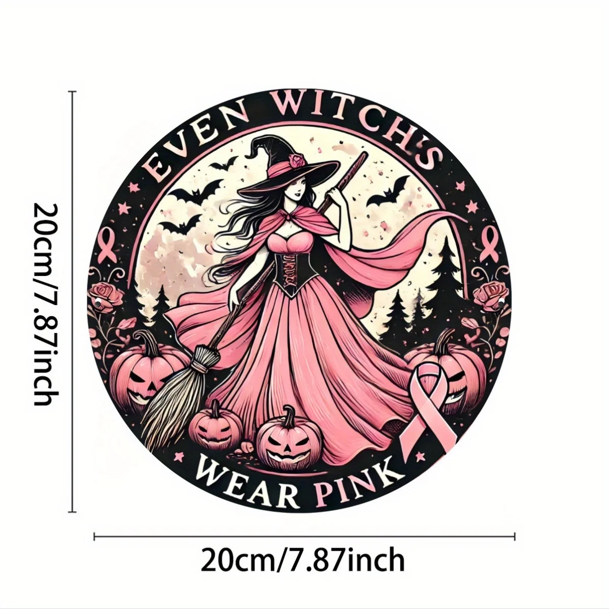 2D Flat Pink Witch Metal Plaque, Indoor & Outdoor Use, Perfect Gift with Wreath Attachment, for Halloween