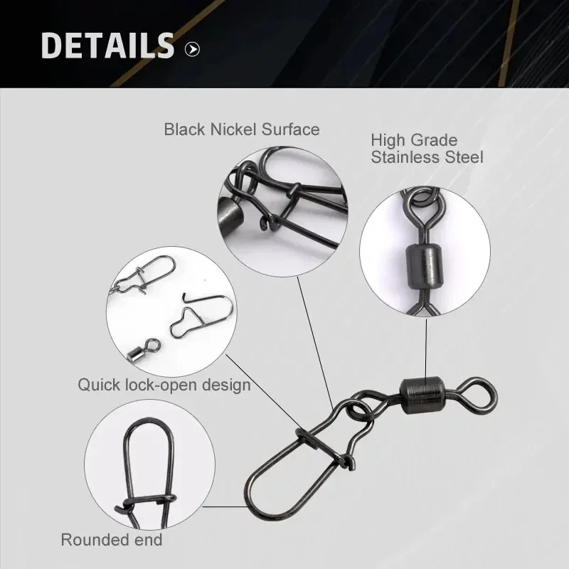 50pc/box Stainless Steel Fishing Connector Pin Bearing Rolling Swivel with Snap Fishhook Lure Accessories 5