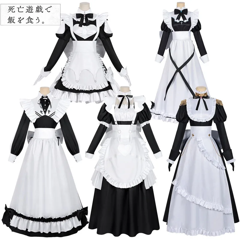 

Playing Death Game To Put Food The Table Cosplay Costume Ghost Maid Aoi Outfit Anime Cute Maid Style Lolita Gown Hat Dress Set