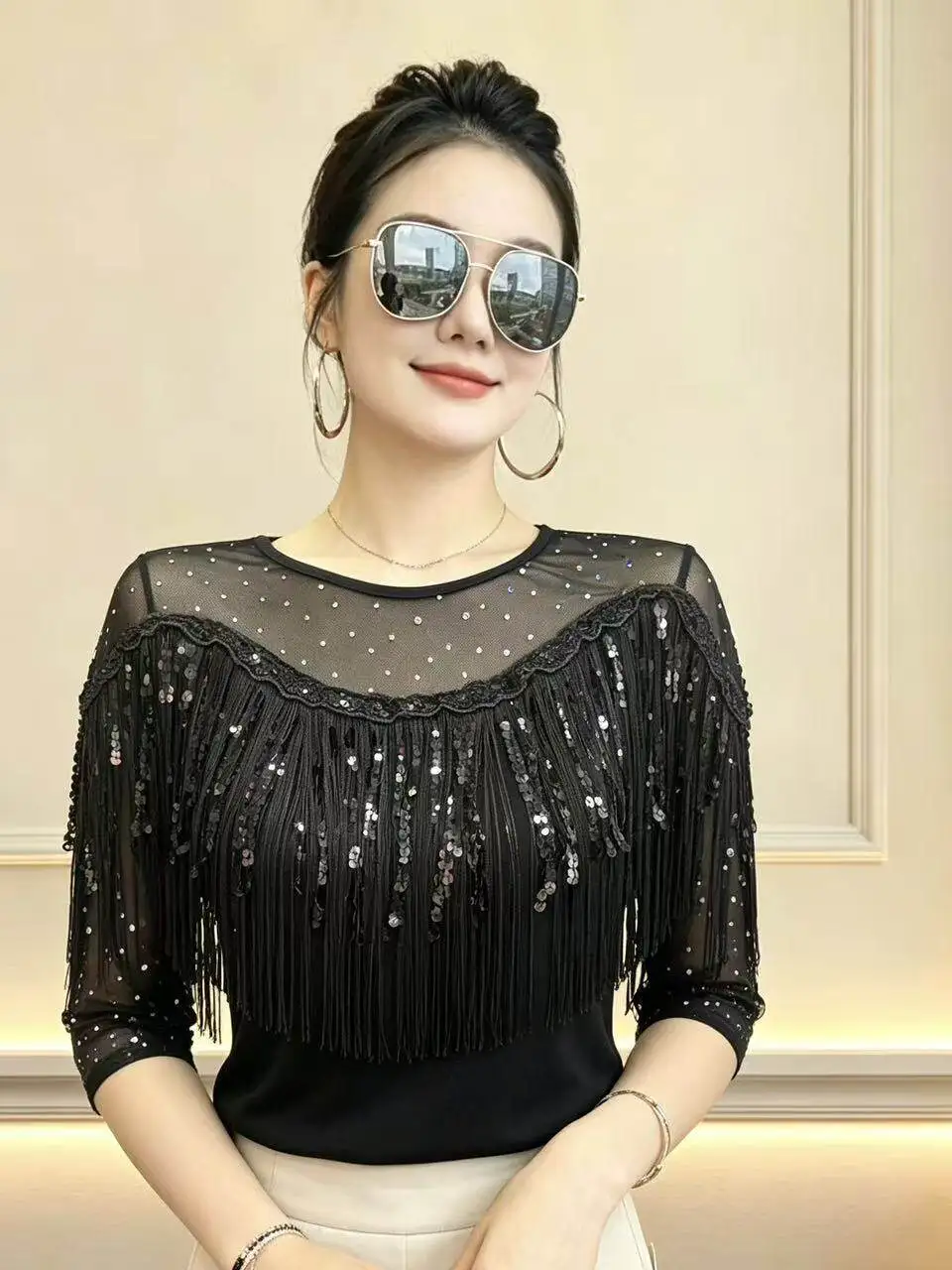Summer Women's Lace Splicing Fringe Mid-Sleeve Slimming Fashionable Top Elegant T-Shirt Standard Fit round Neck Short Sleeve