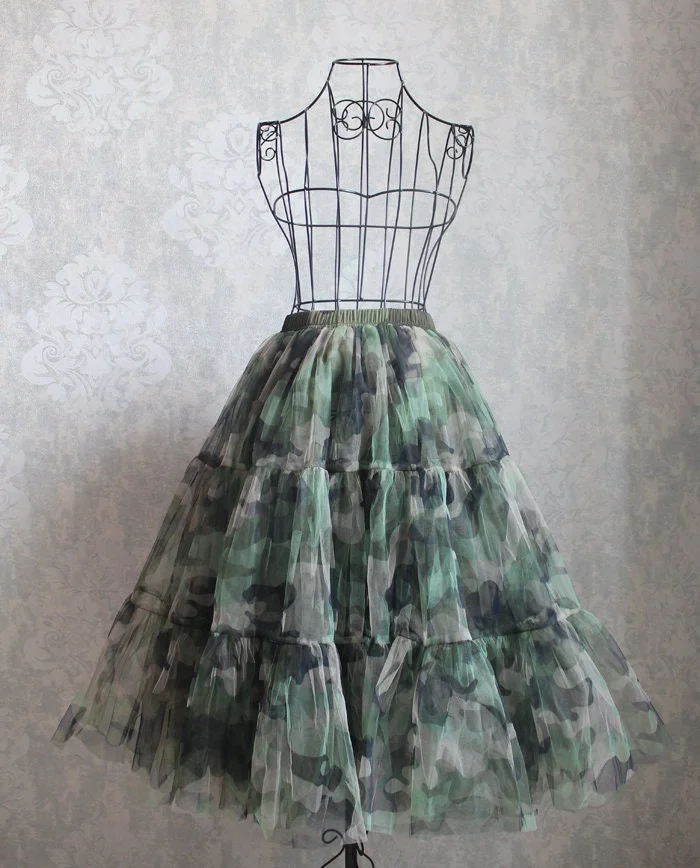 Pretty Green Skirt Camo Elastic Waistband Multi Layered A Line Midi Length Maxi Skirt Korean Style Tulle Skirt