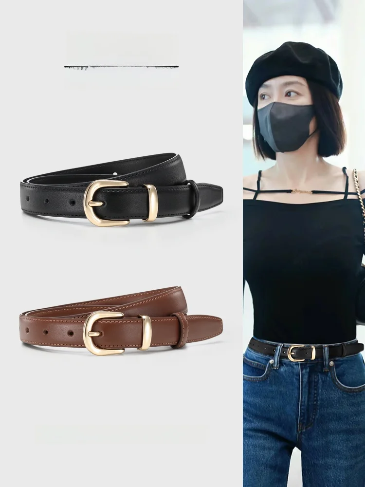 レディース用ブラックレザーベルト-2024年新作-ファッション-多用途-デコレーション-ジーンズに合う-合金バックル-二層牛革ウエストベルト