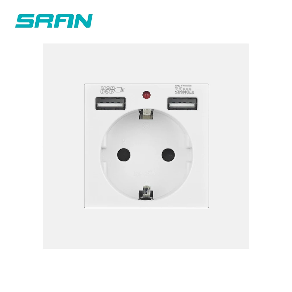 EU Standard Electrical Socket with USB Charging 5V 2A, Flame Retardant PC Panel 86*86mm Usb Wall Socket