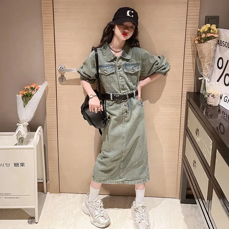 

Girls Denim Dress American Retro Spring Autumn 2023 Thin Long Tide Teenage Kids Clothes 8 10 12 Casual Children Costumes clothes