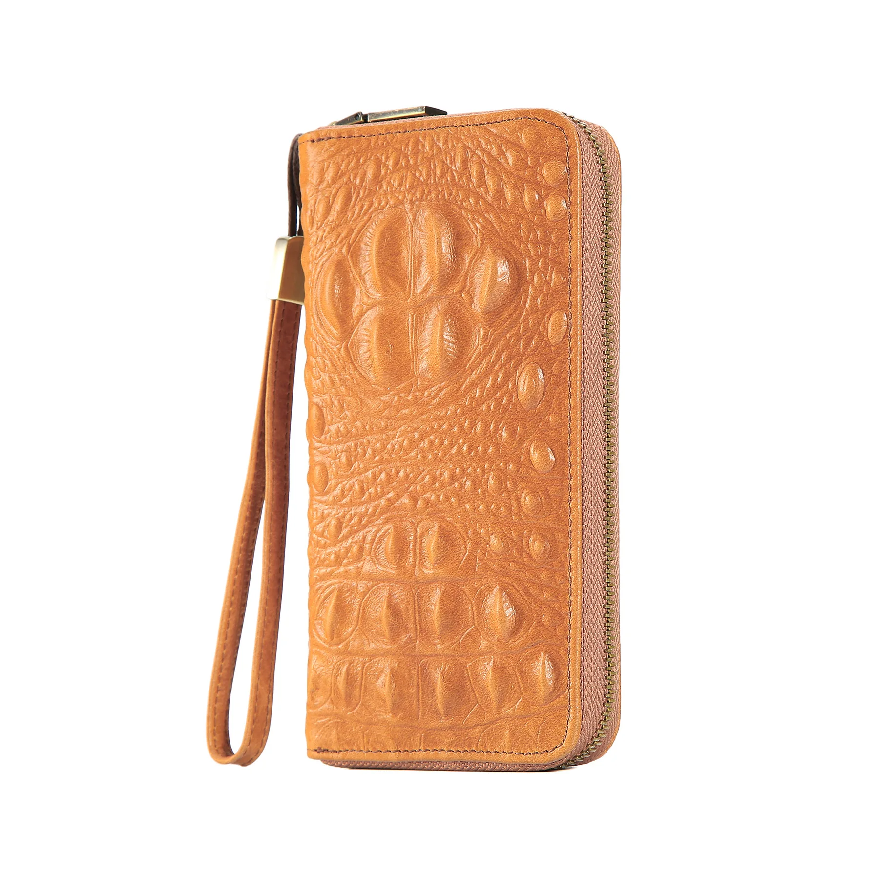 Long Men Genuine leather Wallet Crocodile Pattern Zipper Clutch Purse with Wrist Strap Vintage Cowhide Card Holder Organizer