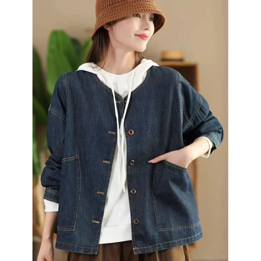 

Аутлеты, осенний хлопковый джинсовый тюнер, женский модный свободный повседневный открытый кардиган с круглым вырезом на пуговицах