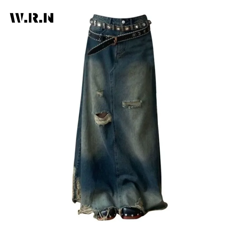 2024 Summer Vintage High Street Harajuku Tassels Denim Skirt Women's Grunge High Waist Y2K High Street Retro Lady Ripped Skirt