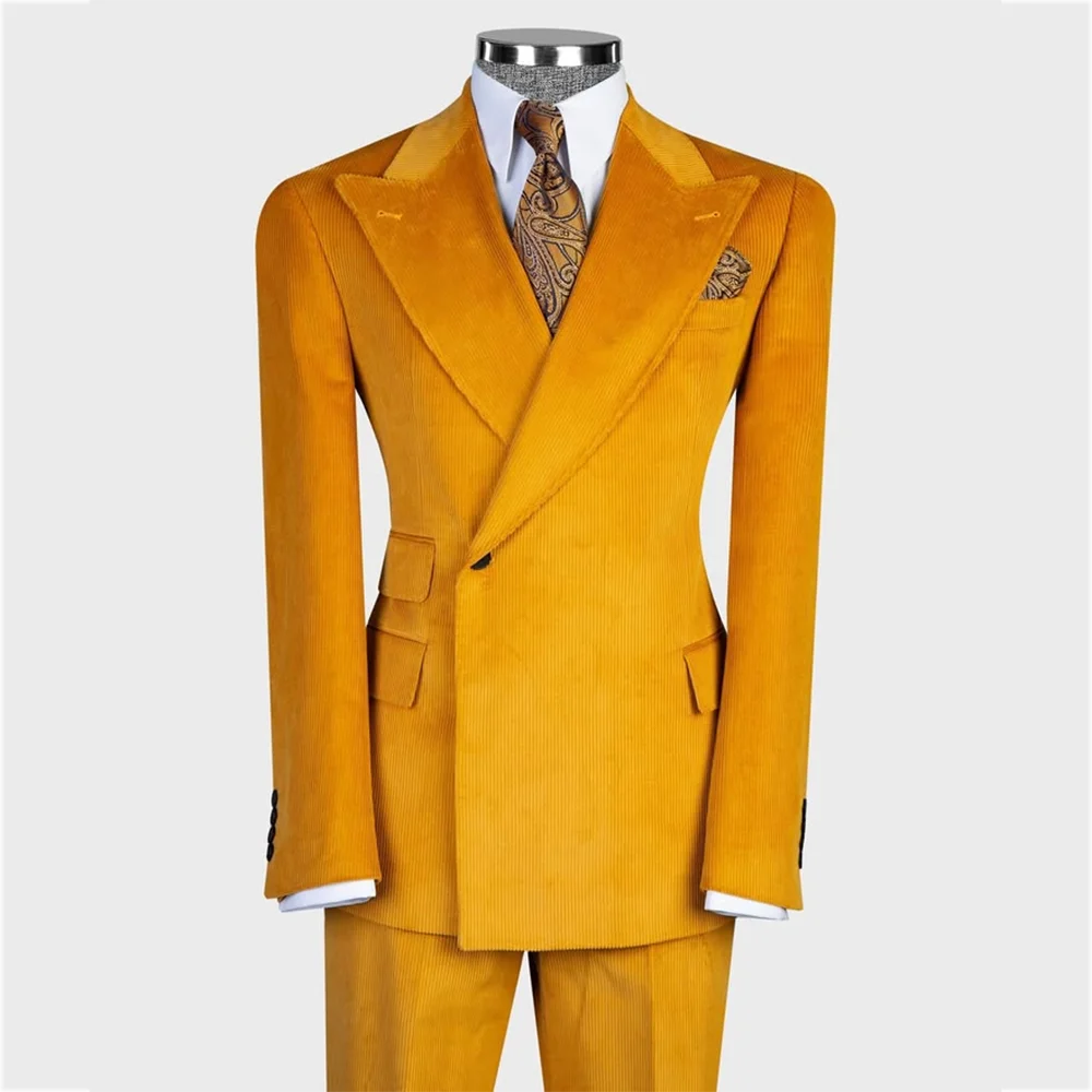Luxury Corduroy 2 Piece Men Suit Peak Lapel One Button Blazer Pants Set Vintage Costume Homme Wedding Party Stylish Gentleman
