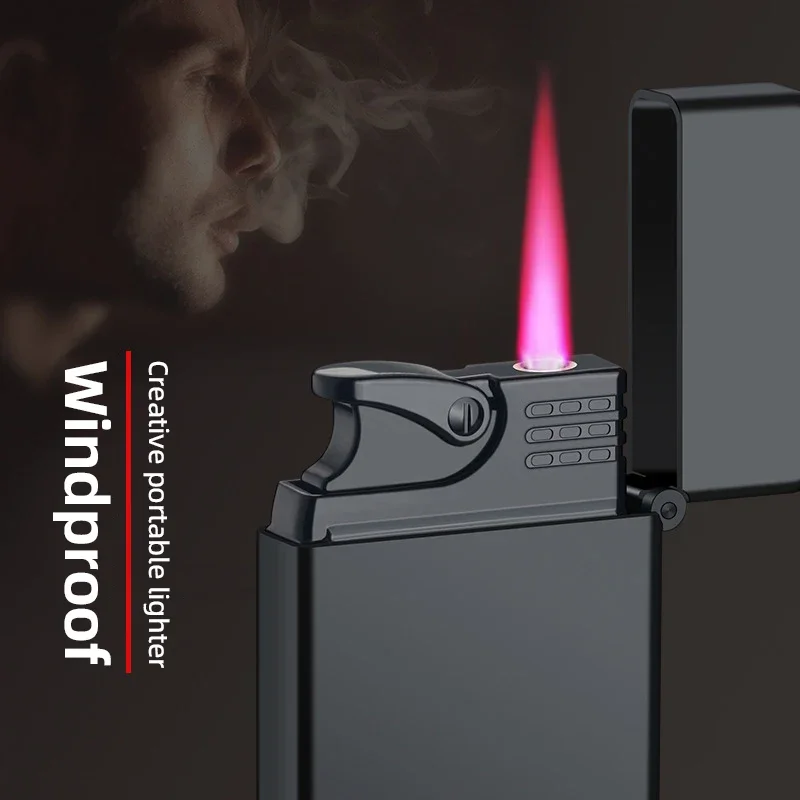 Windproof Red Flame Lighter, Night Glow, Compact and Portable Alloy Material, Butane Inflation, Multiple Colors, Cigar Lighter