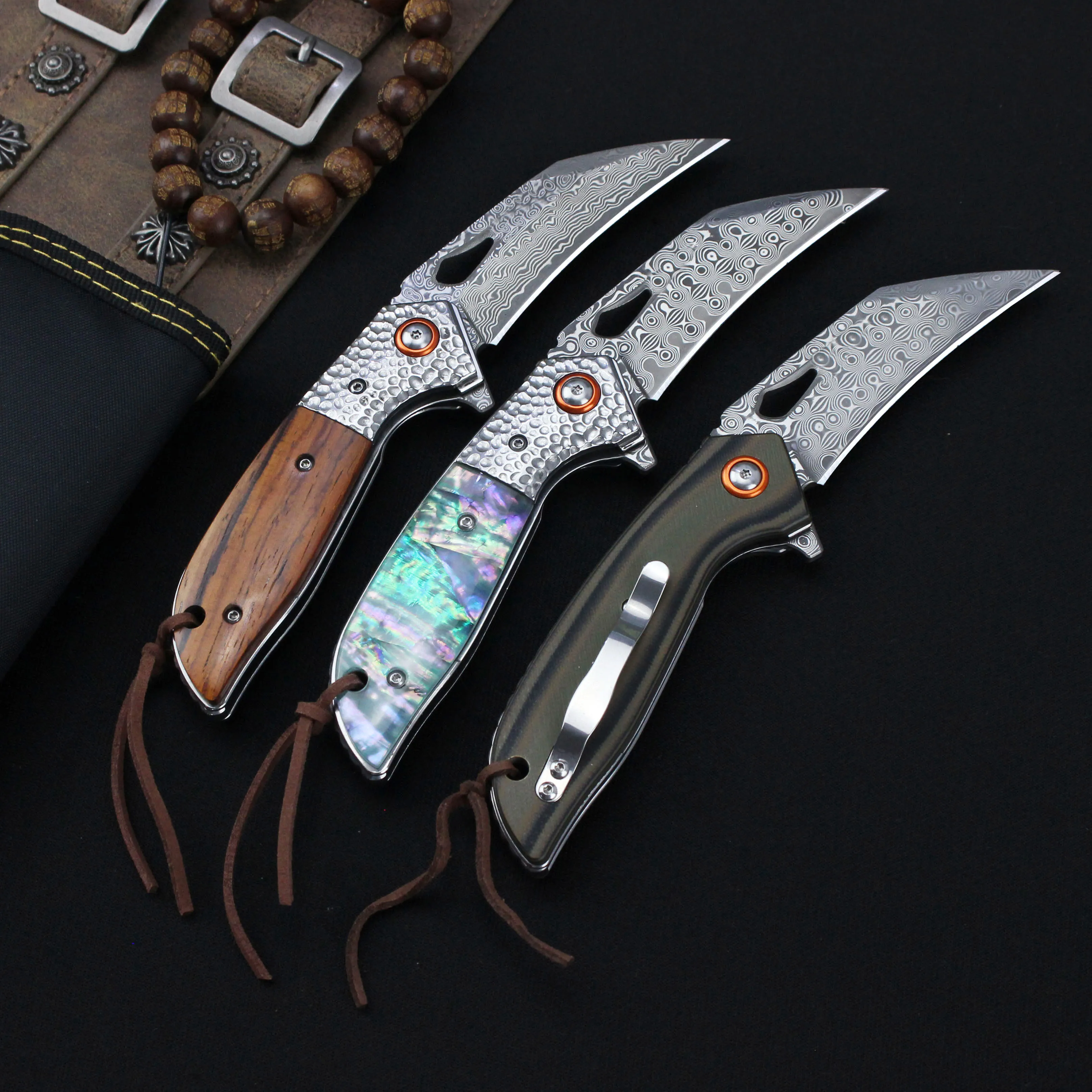 Tunafire Original Folding Blade 76 layers Damascus Steel Knives color shell or G10 Handle Camping Folding Survial Small Knife