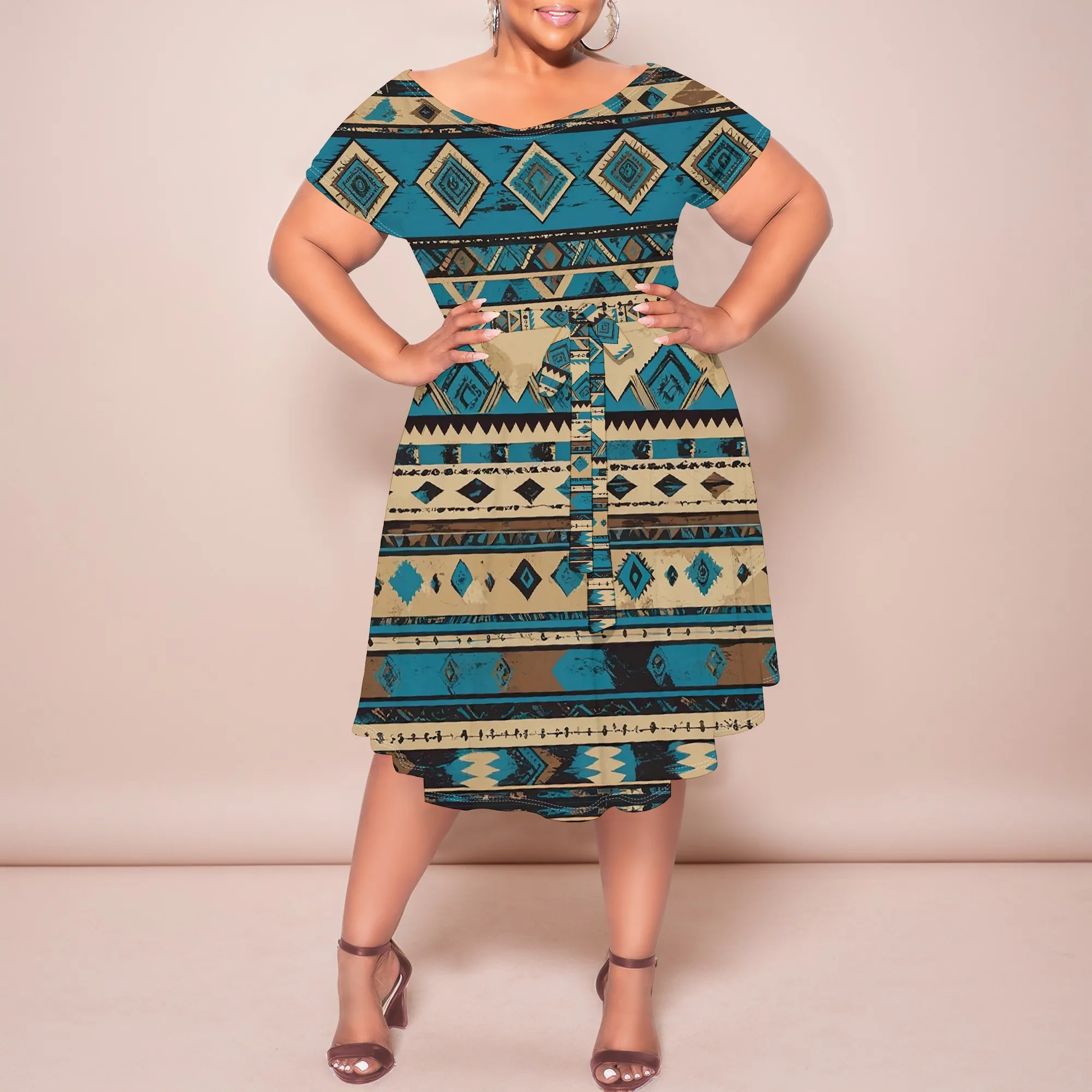 

Plus Size Women's Boho Dress, Tribal Print Off Shoulder A-Line Midi Dress with Belt for Party & Casual Wear XL-6XL