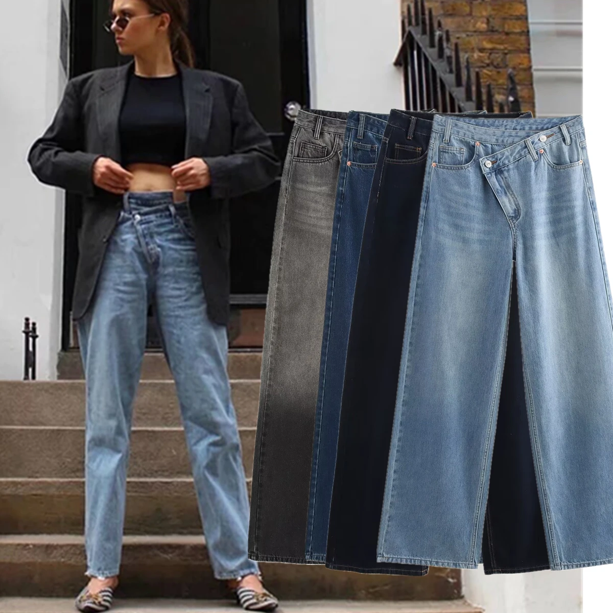 

Jenny&Dave Vintage Old School Jeans American Washed Personalized Asymmetrical Waist Basic Jeans For Women Denim Pants