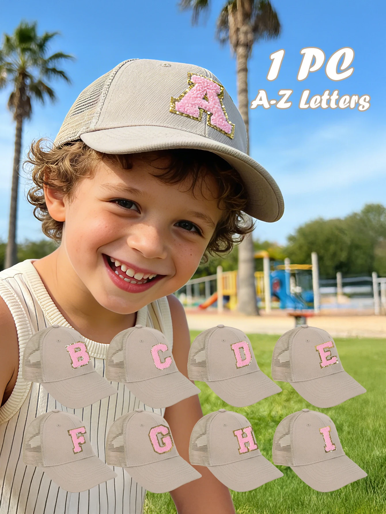 1pc Child's Beige 26 Letter Print Mesh Cap, Baby Unisex Baseball Sunvisor Hat, Suitable For Outdoor Activities And Daily Wear, S
