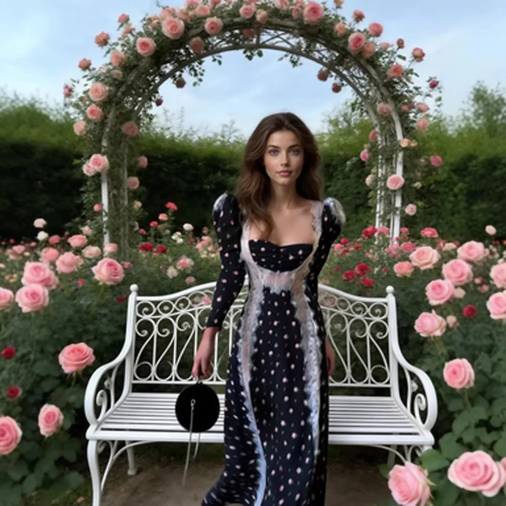 

Chic Navy Polka-dot Slim Long Dress Women Square Neck Full Sleeves Ruffled Trim Gown 2026 Spring Lady Trendy Party Vestidos New