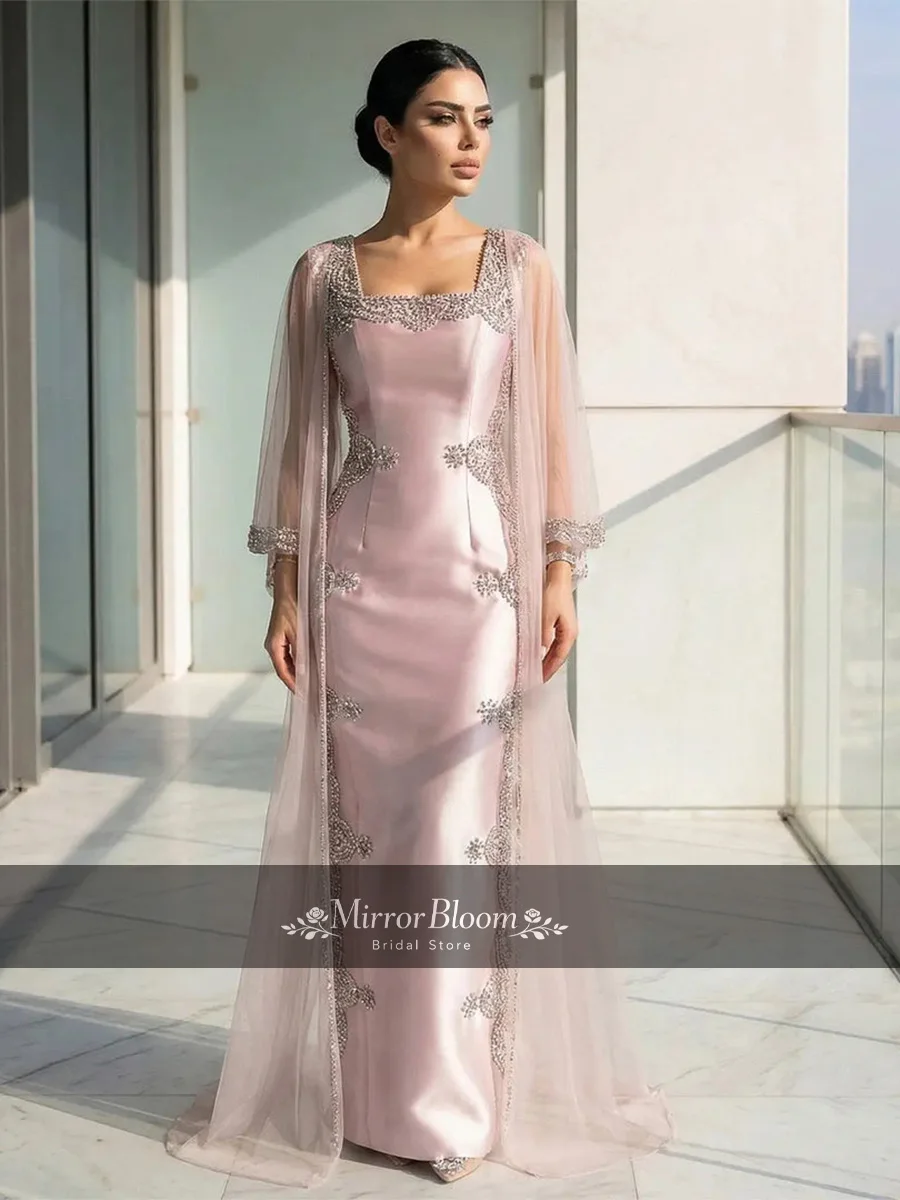 

Elegant Pink Satin Mermaid Evening Dress Luxury Square Neck Beaded Lace Applique Cape Sleeve Formal Gown Party Dress Customized
