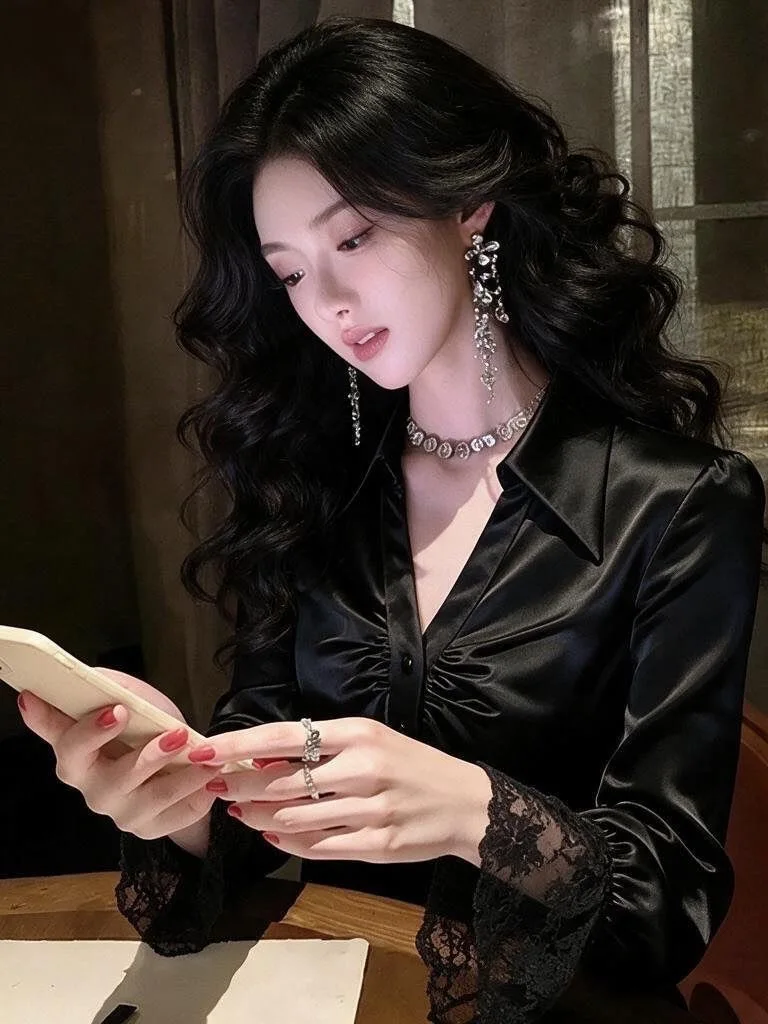 Purple Silk Blend Slim Fit Shirt with Bell Sleeves for Women Spring 2026 Luxury Lightweight Elegant Fashion V Neck Button Clo...