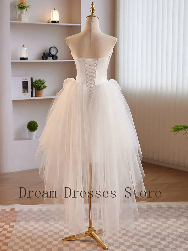 Customized Simple Tulle Criss-Cross Pleat Handmade Flower A-line Strapless Midi Dresses Bespoke Occasion Dresses Sizes Available