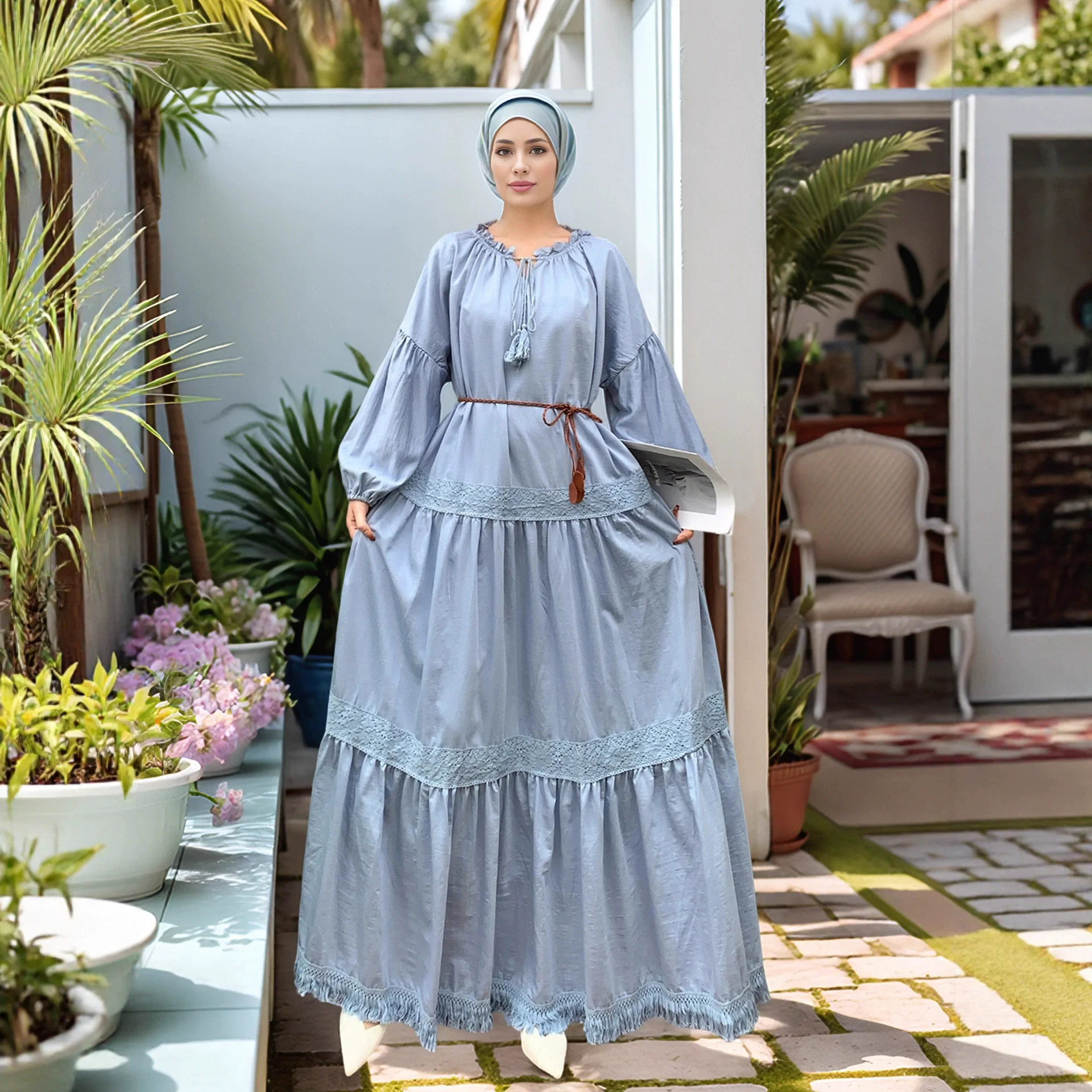 

Исламское Рамадан, арабское мусульманское модное платье, Ближневосточное женское длинное платье, кружевное маленькое свободное платье с v-образным вырезом и кисточками