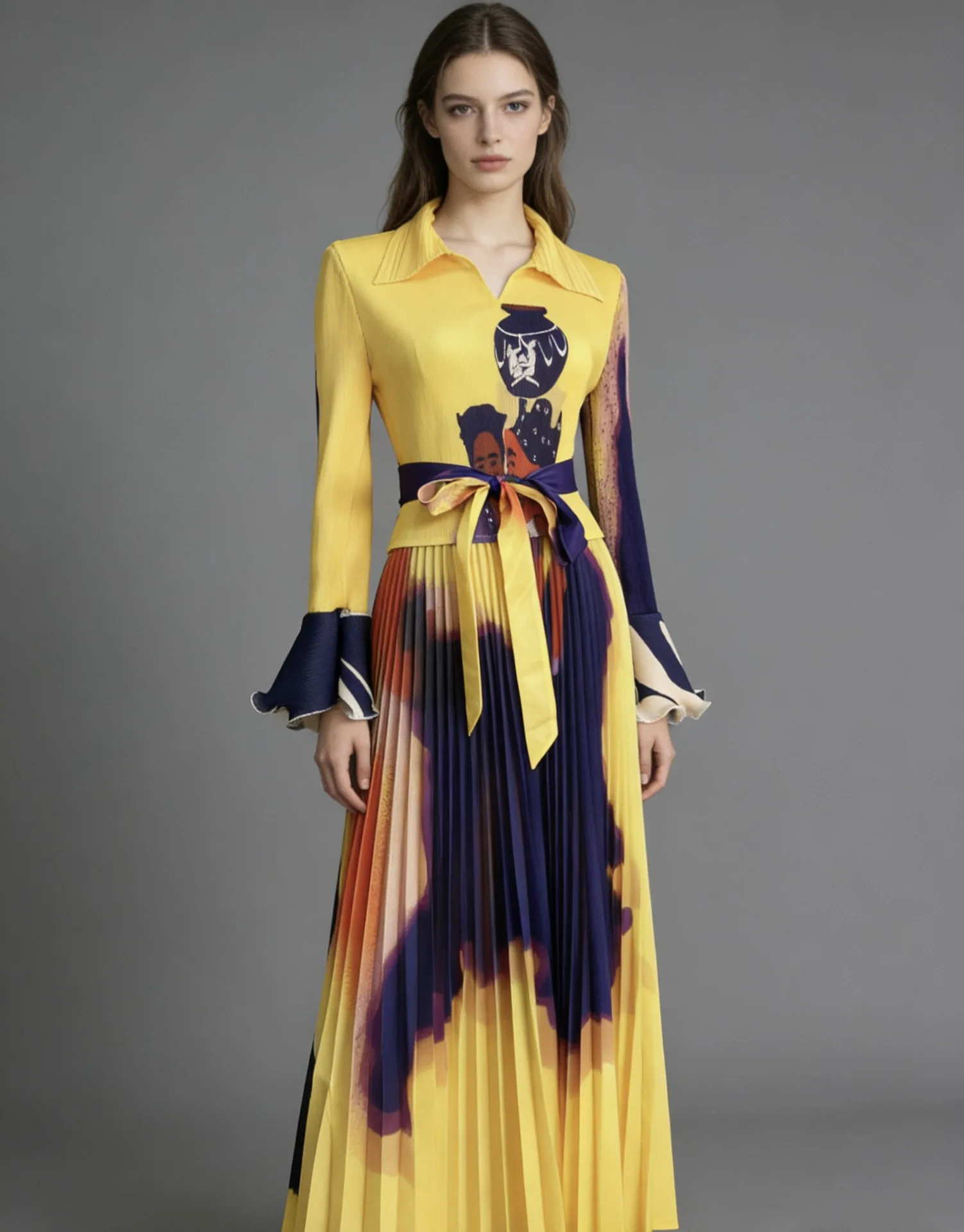 

New African Miyake Pleated Suit Printed Top Pleated Skirt Two-piece Set Long-sleeved Fashion Women's Clothing 2026