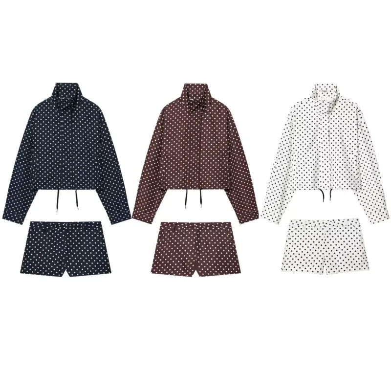 

Women's Fashion Shorts Set Spring High Collar Zipper Jacket with Polka Dots Casual Lady Outerwear Mini Shorts Female Outfit