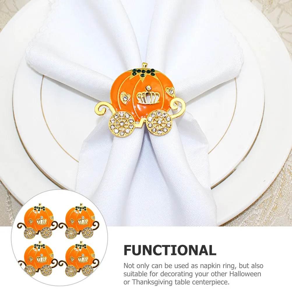 4Pcs Pumpkin Cart Napkin Ring Set Fine Alloy Rhinestone Accented Napkin Buckle for Formal Casual Gatherings Thanksgiving