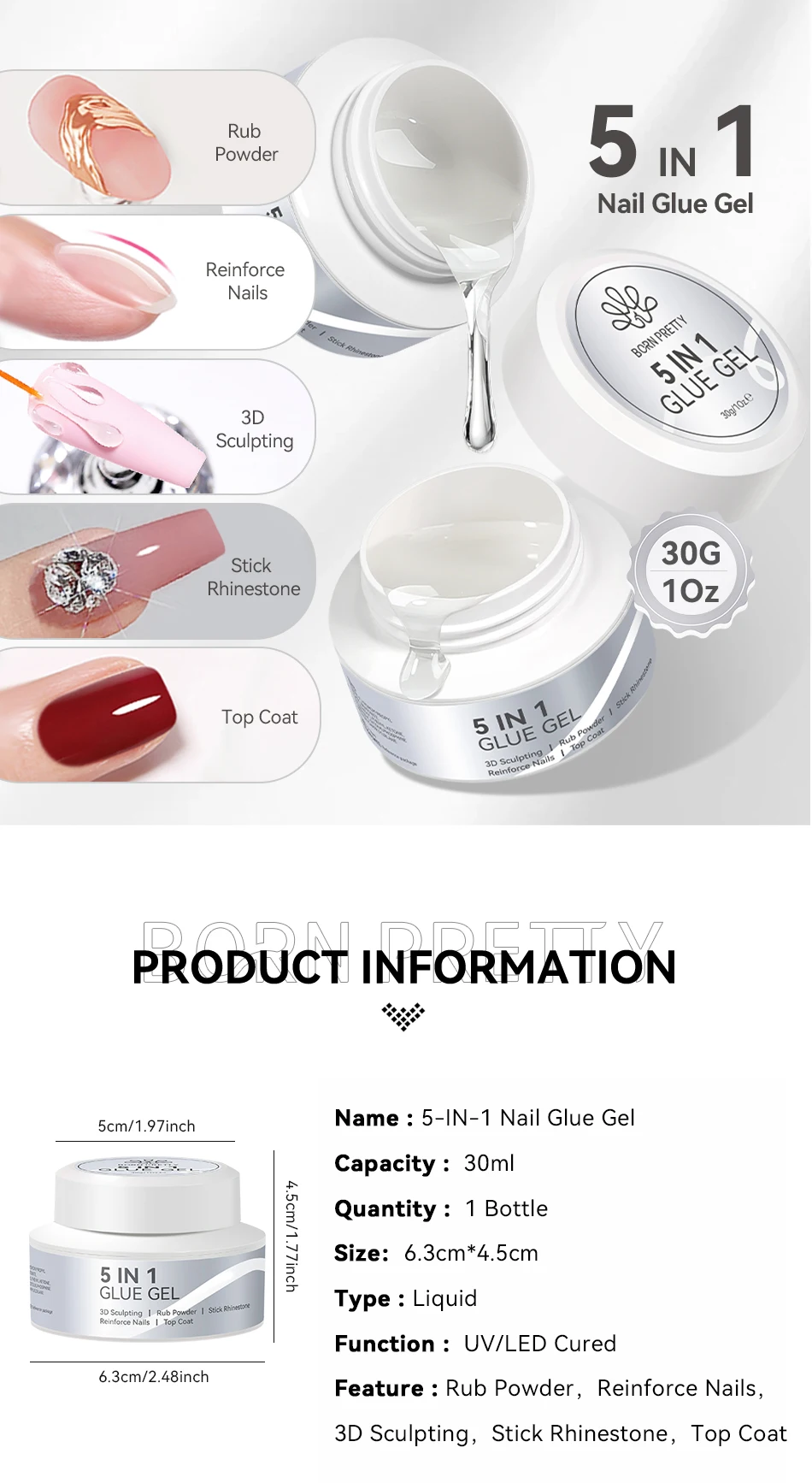 BORN PRETTY 30 g 5 IN 1 Nagelklebergel Multifunktionales Strass-Stick-Verstärkungsgel 3D-Shaping Sculpting Carving Nails – Detail 1