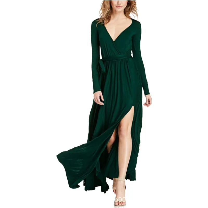 Floor Skirt Classic Long sleeved V-neck Solid Color Sexy Dress2024