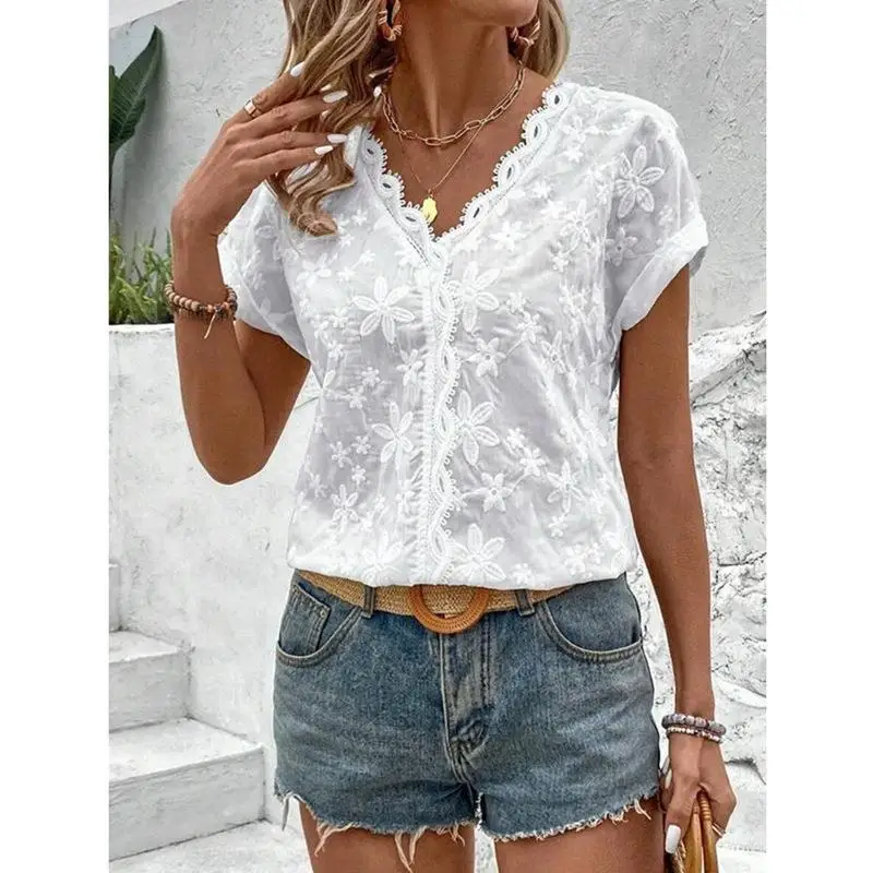 

Женская рубашка Sweet Style с коротким рукавом, кружевным воротником, цветочным принтом, из полиэстера, свободного кроя, модный тренд весны 2024 года