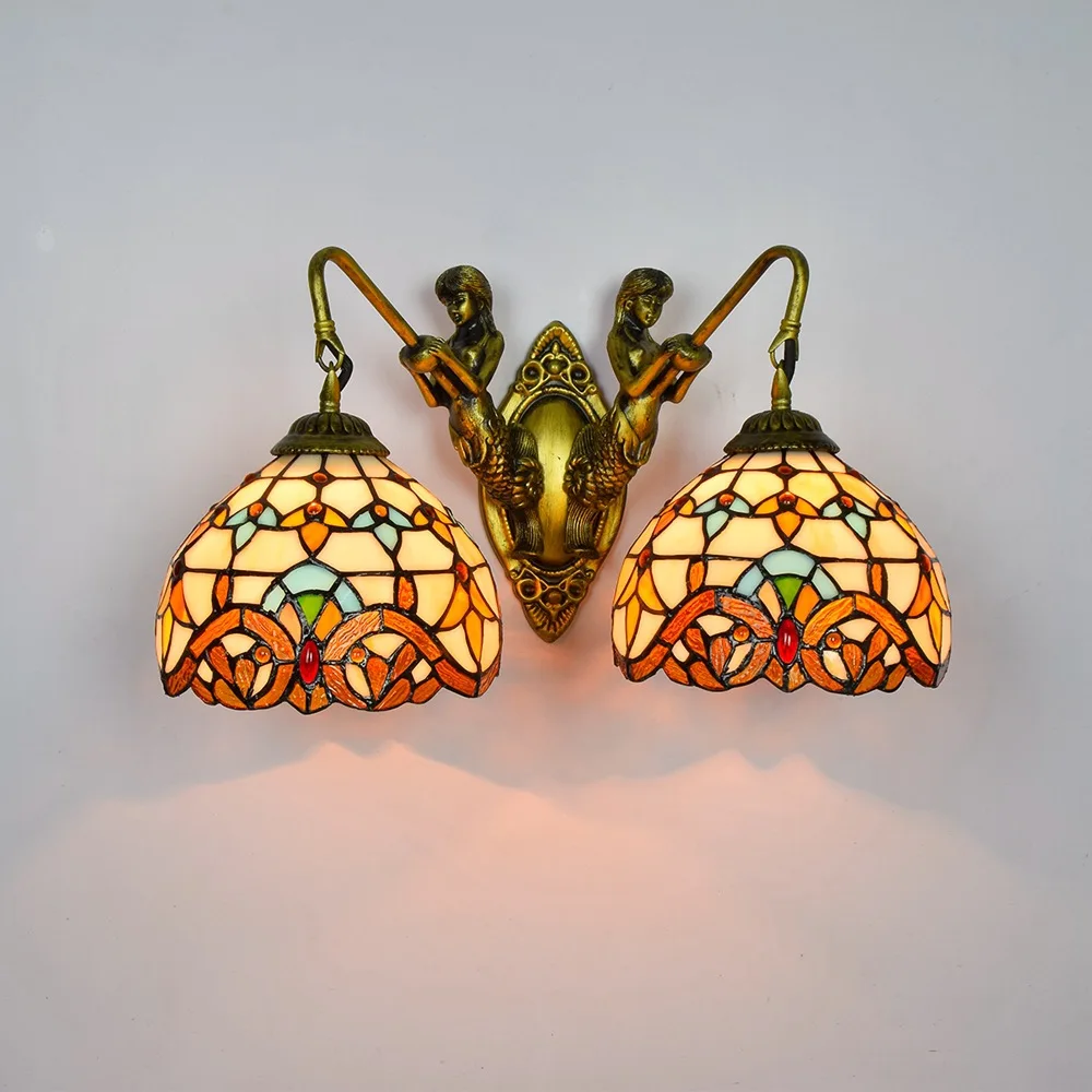 

Retro Wall Sconce Lamp-Dual Head, Glass Mirror Front Light Fixture stained Glass Lampshade,Mermaid Design for Front Doors, Sheds