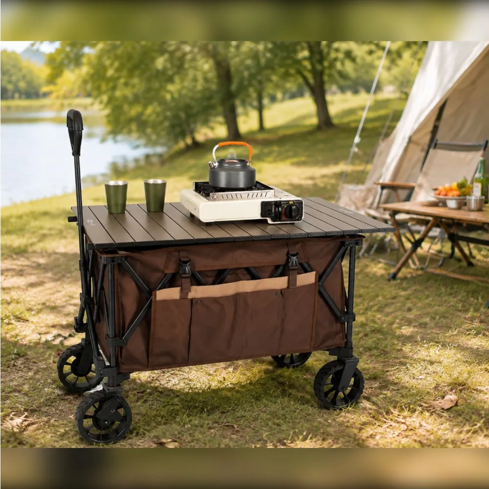 Folding Utility Wagon Heavy Duty with Table and Side Pocket for Camping Beach Shopping Brown