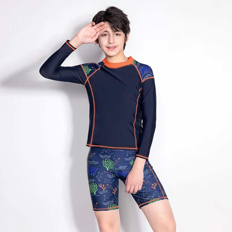 Children Swimwear Boy Two Piece Suit Short Sleeve Shirt Shorts Dark Blue Print Patchwork Sport Teenager swimsuit 2022 Rash Guard