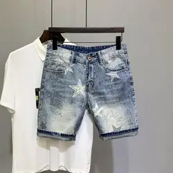 New Summer luxury clothing jeans men korean span Men's Denim Shorts Casual Knee Length Jeans Fashion Printed Straight Shorts