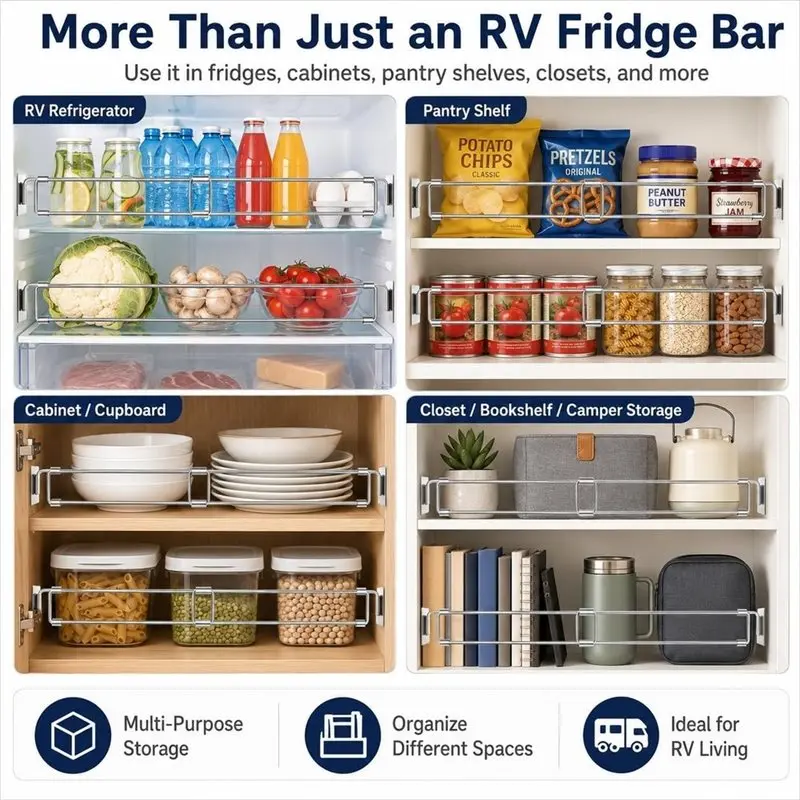 4 Pack RV Fridge Bars 12.44-22.63 Inch Extendable Stainless Steel, Tool-Free Adhesive Mount, Spill-Proof Storage For Travel