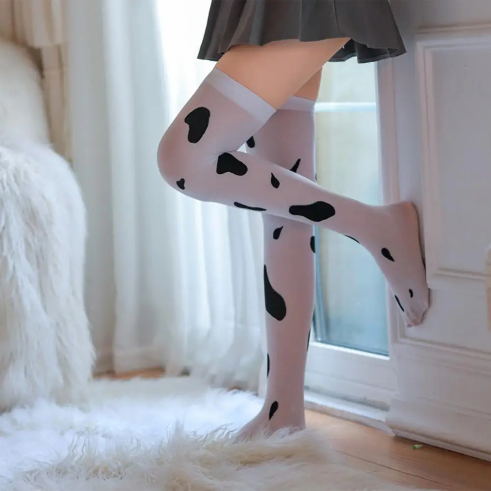 1 Pair Stockings Kawaii Anti-slip Cow Spot Print Breathable High Elasticity Pantyhose Cosplay High High Stockings Female Clothes