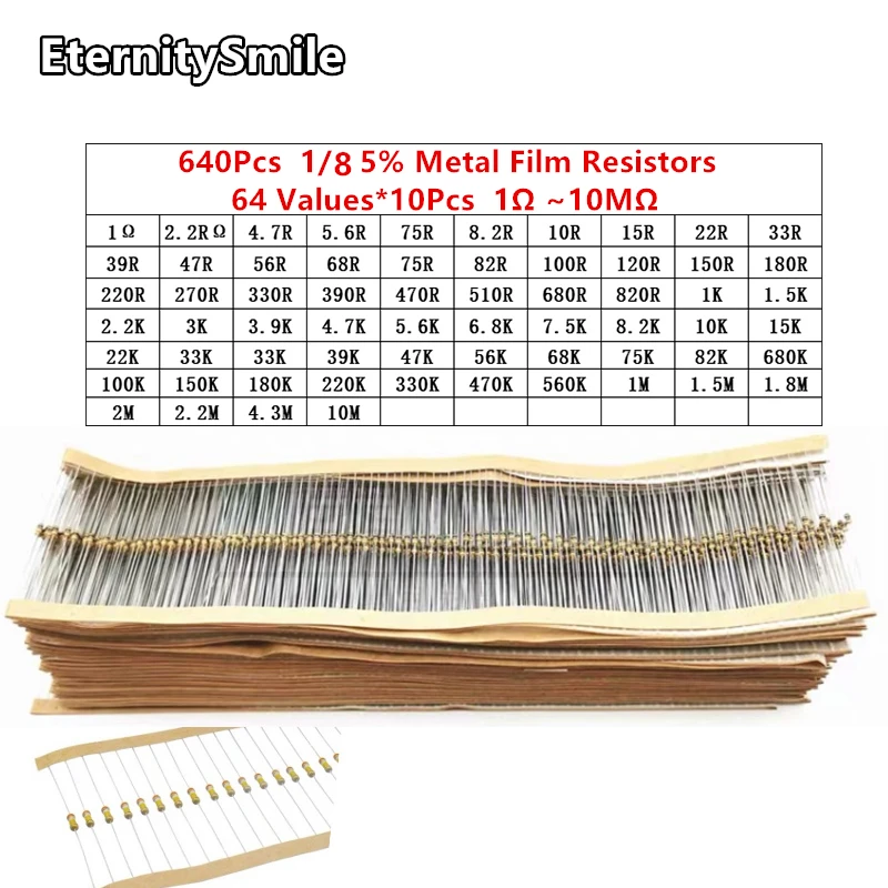 640Pcs/Box 64 Values 1/8W 5% Metal Film Resistors Kit 1Ohm-680OR-1k-680k-10M High Precision Resistance Set Assortment