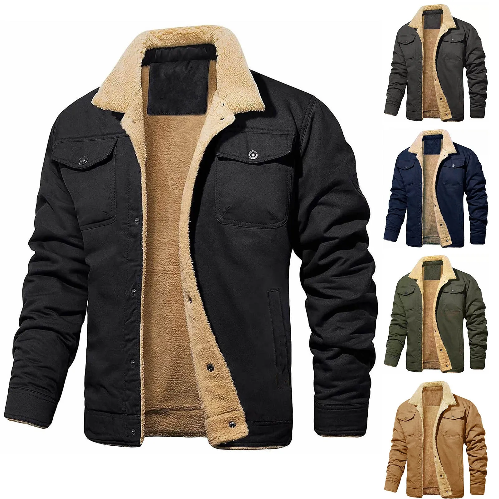 

Winter Men's Cargo Jackets High-quality Male Plush Thicken Wool Jacket Men's Lapel Thick Warm Bomber Jacket Coats Autumn Outdoor